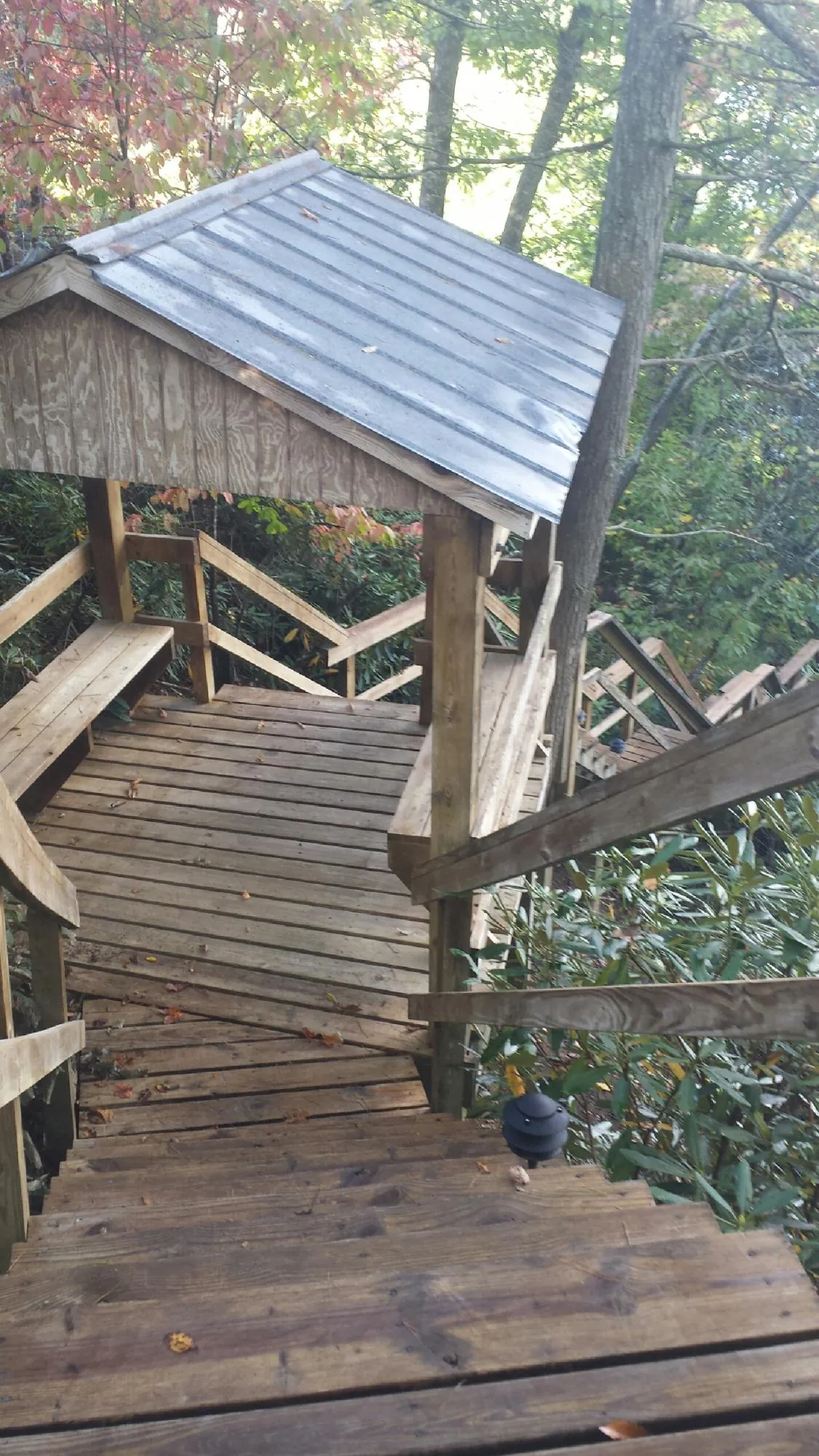 Metal roofed shelter over wooden steps on a wooded walkway — Skylight Repair & Installation work by our crew in Crystal Spring